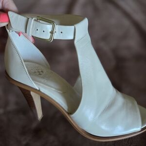 Vince Camuto Cream Leather T-Strap High Heel Sandals
